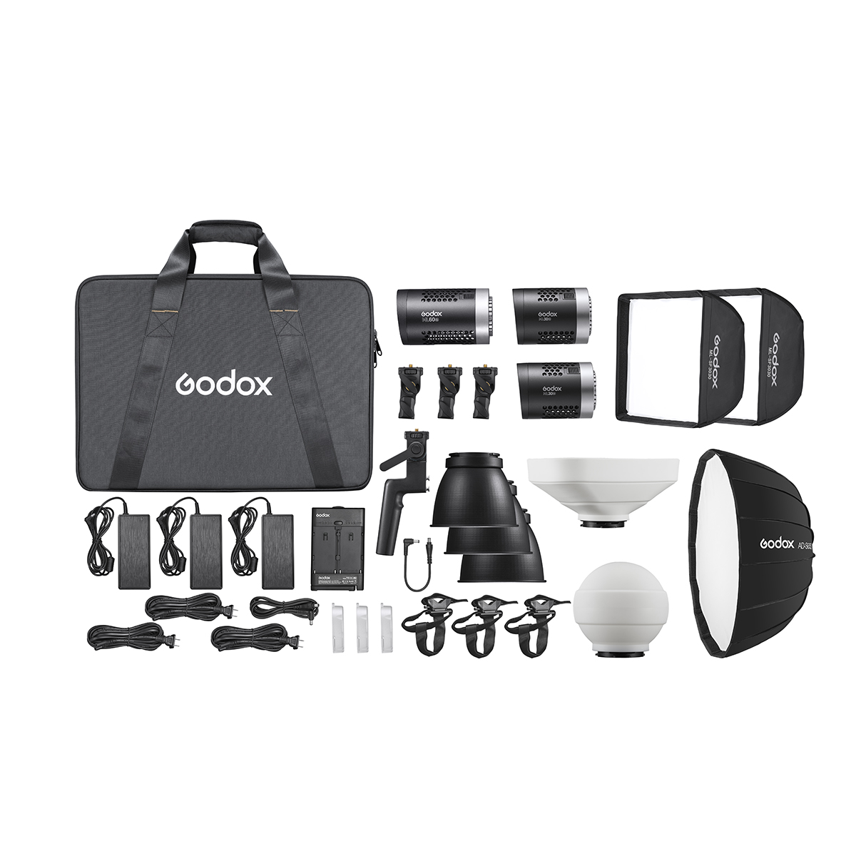 Godox ML KIT2 ML60Bi & ML30Bi Trio Kit -LED-valo on esitetty suuressa kotelossa, jossa on kolme LED-valoa, virtasovittimet, kaapelit, kiinnittimet, heijastimet, valonmuokkaimet, kiinnitystarvikkeet ja kaksi softboxia - kaikki siististi järjestettynä.