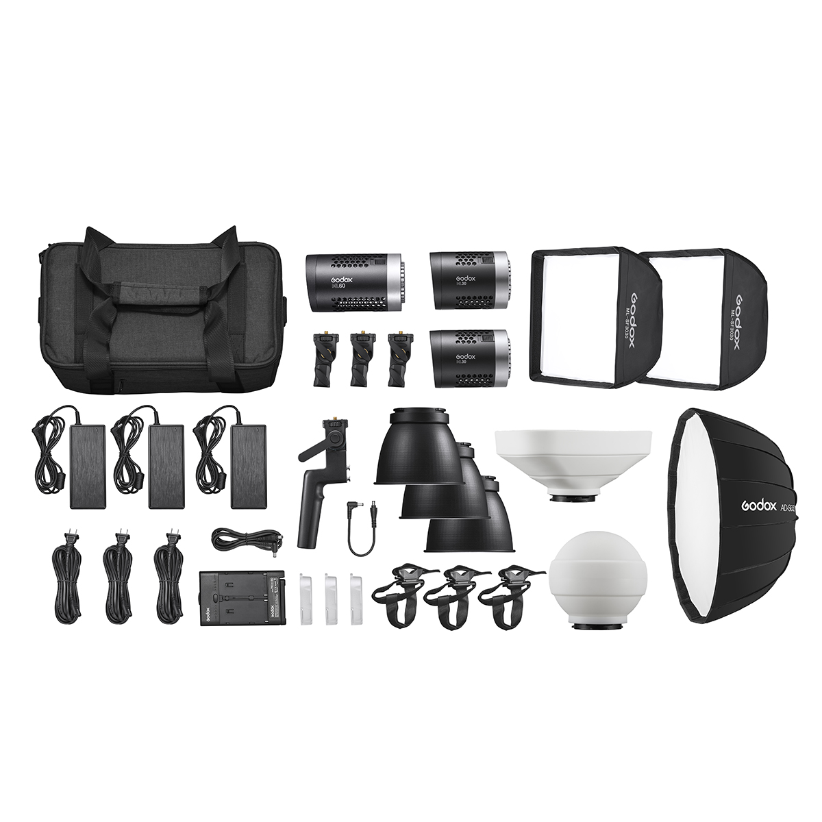 Godox ML KIT1 ML60 & ML30 Trio Kit - LED-valo sisältää kolme stroboskooppivaloa, softboxit, heijastimet, jalustat, kaapelit, kaukolaukaisimen, laturin, tarvikkeet ja suuren mustan kantolaukun - kaikki siististi esillä valkoisella pohjalla.