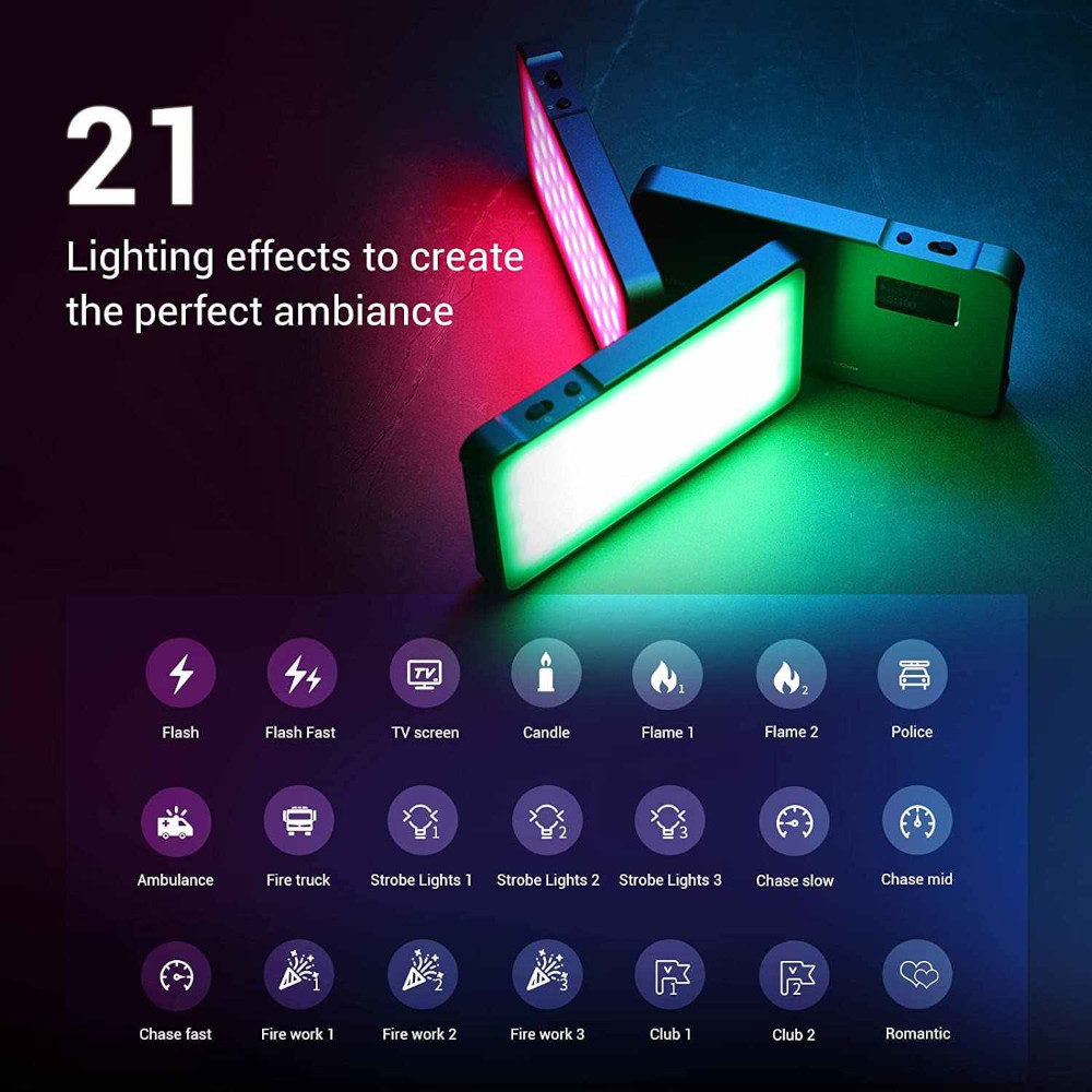 Kolme SmallRig 3489 Vibe P96L RGB -videovalaisinta säteilevät vaaleanpunaista, vihreää ja valkoista valoa tummalla pinnalla. Yläpuolella luetellaan "21 valaistustehostetta täydellisen tunnelman luomiseen", ja alapuolella olevat kuvakkeet näyttävät kaikki 21 tehostevaihtoehtoa.