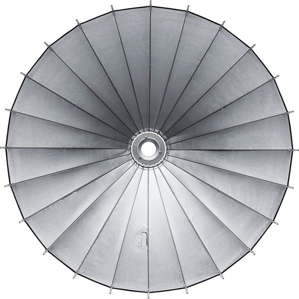 Godox Parabolic Reflector Zoom Box P158Kit on suuri, pyöreä, hopeinen softbox ylhäältä katsottuna, jossa on tasaisin välein olevat metalliset kehät, jotka lähtevät säteittäisesti keskusaukosta symmetrisen ulkoasun luomiseksi.