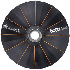 Mustan Godox Parabolic Reflector Zoom Box P128Kit -paraboliheijastimen ylhäältä alaspäin näkymä, jossa on oranssit tukitangot ja jonka pinnassa on selvästi näkyvissä tuotemerkki ja malli.