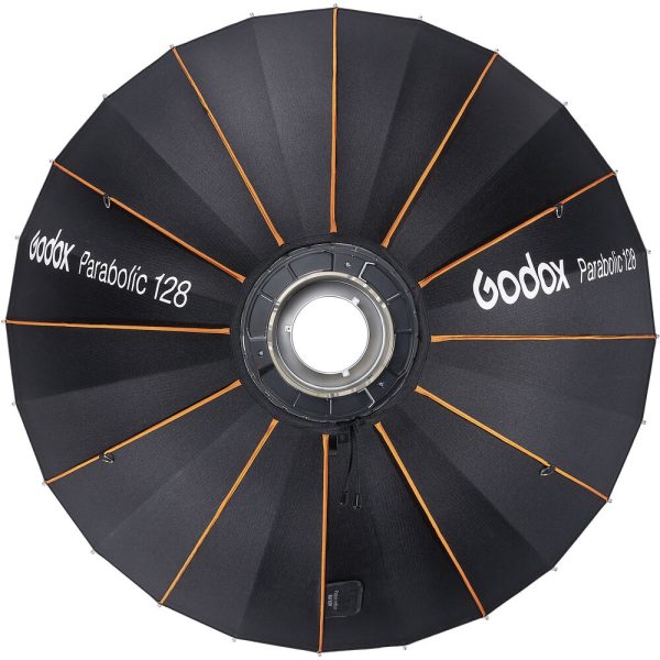 Mustan Godox Parabolic Reflector Zoom Box P128Kit -paraboliheijastimen ylhäältä alaspäin näkymä, jossa on oranssit tukitangot ja jonka pinnassa on selvästi näkyvissä tuotemerkki ja malli.