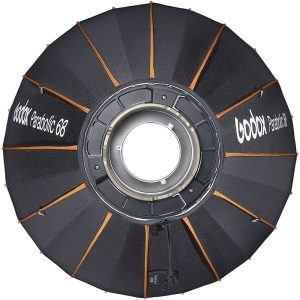 1637062296_247 Musta ja oranssi Godox Parabolic Reflector Zoom Box P68Kit softbox-valonmuokkain, kuvassa etupuolelta keskimmäinen kiinnitysrengas näkyvissä.