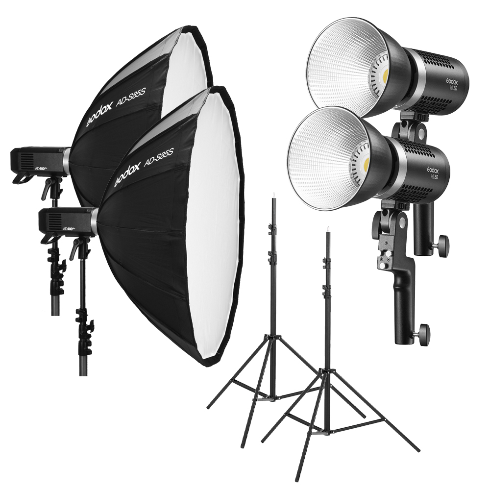 Godox ML60 Duo Kit sisältää kaksi LED-valoa jalustoilla ja heijastimilla, jotka sopivat täydellisesti ammattimaiseen valokuvaukseen.
