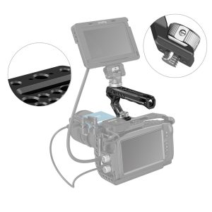 The SmallRig 2165C ARRI Locating Handle, attached to a camera unit with an external monitor, is shown in black and white; two circular inserts zoom into the handle's mounting screws and plate with threaded holes.