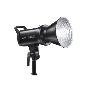 Godox SL100Bi LED Video Light Two Light Kit LED light with large silver reflector, mounted on a tripod, shown against a white background.