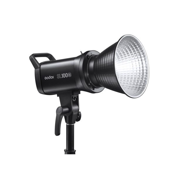 Godox SL100Bi LED Video Light Two Light Kit LED light with large silver reflector, mounted on a tripod, shown against a white background.