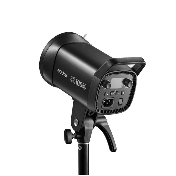 The Godox SL100Bi LED Video Light Two Light Kit in black, mounted on a tripod, displays its rear control panel with knobs, buttons and power input.