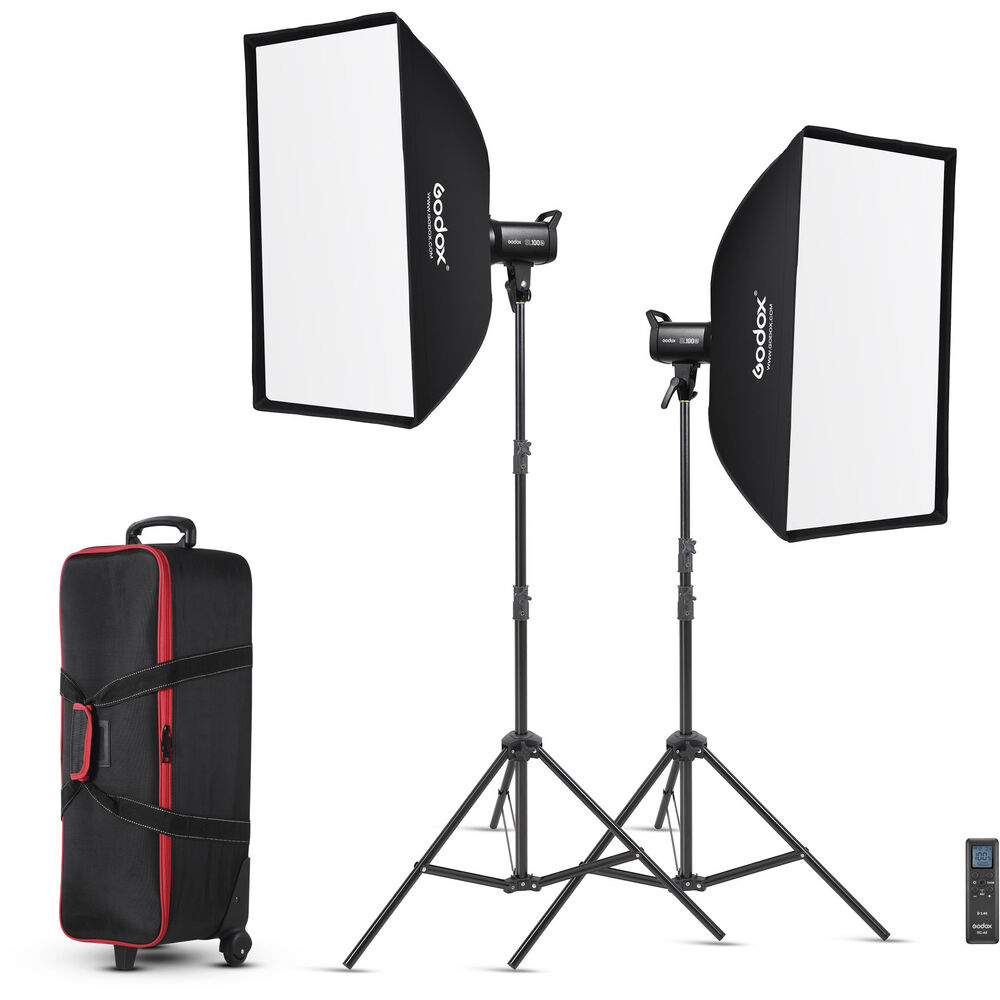 Godox SL100D LED Video Light Two Light Kit sisältää kaksi säädettävää LED-valoa, mustan kantolaukun punaisella reunuksella ja kaukosäätimen, jotka kaikki näkyvät valkoisella pohjalla.