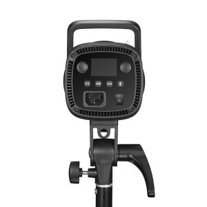 Lähikuva Godox SL100D LED Video Light Two Light Kitin takaohjauspaneelista, jossa on FX-, GR- ja CH-painikkeet, näyttö, virtakytkin ja säätönupit, jotka on asennettu jalustalle.