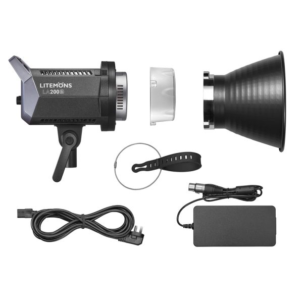 Musta Godox Litemons LED-videovalaisin LA200Bi, jossa on heijastin, kiinnitysrengas, hihna, virtajohto ja sovitin, on siististi aseteltu valkoiselle taustalle.