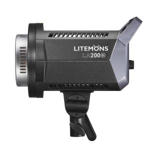 Mustaa Godox Litemonsin LED-videovalaisinta LA200Bi -LED-valo näytetään sivulta, jolloin sen tuuletusaukot, kiinnityskannatin, ohjauskahva sekä näkyvä tuotemerkki ja malli korostuvat.