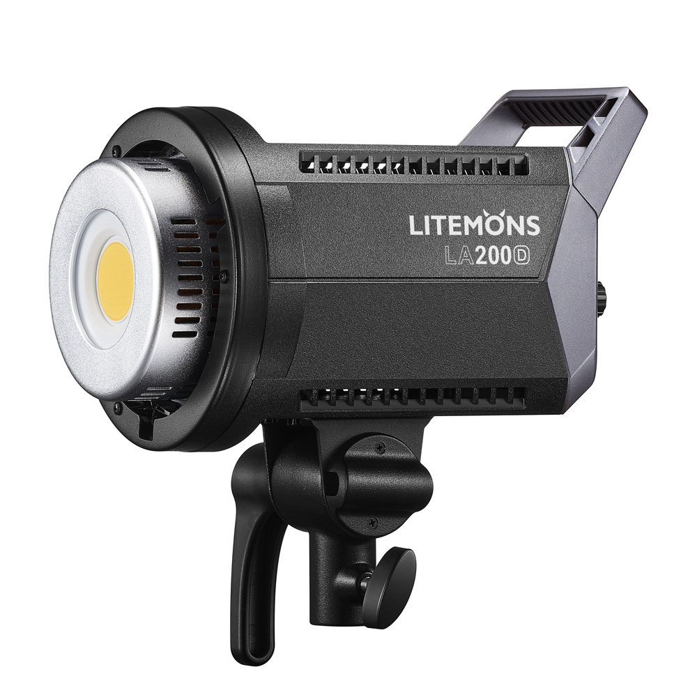 Godox Litemonsin LED-videovalaisin LA200D -LED-valo, jossa on kahva ja kiinnityskannatin, näkyy mustana sivulta valkoista taustaa vasten.