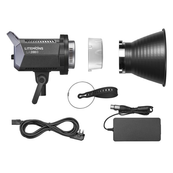 Studiovalosarja, jossa on musta Godox Litemons LED-videovalaisin LA200D -LED-valo, diffuusori, heijastin, virtalähde, kaapeli, hihna ja hopeinen kiinnitysrengas, kaikki siististi järjestetty valkoiselle taustalle.