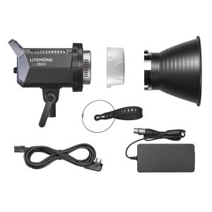 Godox Litemons LED-videovalaisin LA150Bi -LED-valo -pakkaus sisältää valaisimen, virtalähteen, heijastimen, kirkkaan diffuusorin, kiinnikkeen, hihnan ja virtajohdot, jotka on järjestetty siististi valkoiselle taustalle.