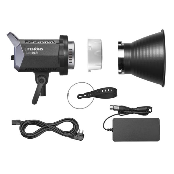 Godox Litemons LED-videovalaisin LA150Bi -LED-valo -pakkaus sisältää valaisimen, virtalähteen, heijastimen, kirkkaan diffuusorin, kiinnikkeen, hihnan ja virtajohdot, jotka on järjestetty siististi valkoiselle taustalle.