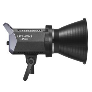 Sivukuva Godox Litemons LED-videovalaisimesta LA150Bi -LED-valo, jossa on musta runko, kiinnitysteline ja suuri heijastin.