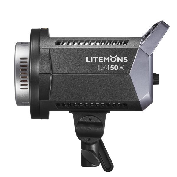 Mustan ja hopean värinen Godox Litemons LED-videovalaisin LA150Bi -LED-valo, jossa on säädettävä kiinnitys, sivulta valkoista taustaa vasten.