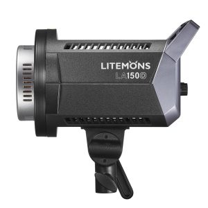 Mustan ja hopeanvärinen Godox Litemons LED-videovalaisin LA150D -LED-valo näkyy profiilissa, ja siinä on tuuletusaukot, kiinnityskannatin ja tuotenimi sivulla.