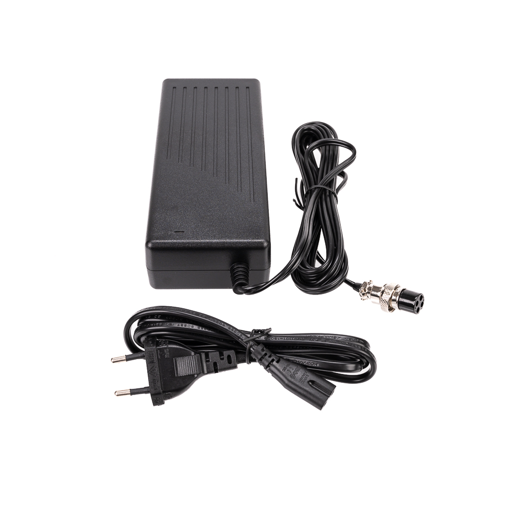 The Godox cable for the LED1000 series, which has a black power supply with a European plug and a round multi-pin connector, is shown on a white background. The adapter's brushed surface and its coiled cables are neatly arranged next to it.