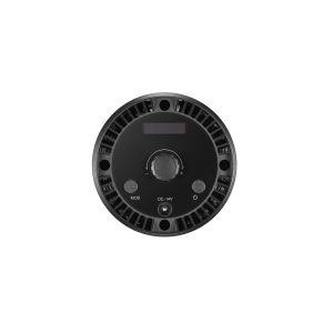 Godox Litemons LED LC30Bi -pöytävideovalaisin on musta pyöreä laite, jossa on keskisäädin, pieni yläosan näyttö, merkittyjä painikkeita, 14 V:n DC-syöttö ja reuna-aukot. Tuote on esitetty tavallista valkoista taustaa vasten.