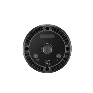 Godox Litemons LED LC30D -pöytävideovalaisimessa on pyöreä musta elektroninen ohjauspaneeli, jossa on keskisäädin, yläpuolella oleva näyttö, useita painikkeita ja merkittyjä portteja, kuvattuna ylhäältä päin valkoisella pohjalla.