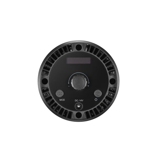 Godox Litemons LED LC30D -pöytävideovalaisimessa on pyöreä musta elektroninen ohjauspaneeli, jossa on keskisäädin, yläpuolella oleva näyttö, useita painikkeita ja merkittyjä portteja, kuvattuna ylhäältä päin valkoisella pohjalla.