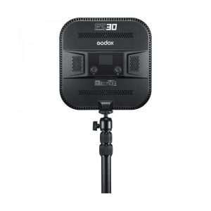 Godox E-sports LED Light ES30 - Kit1 -valaisimen takanäkymä jalustalle asennettuna, jossa näkyvät tuuletusaukot, säätönupit, näyttö ja Godox ES30 -brändi.