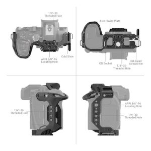 The SmallRig 4003 Black Mamba Cage for Canon EOS R7 is shown from four angles, highlighting features such as mounting holes, cold shoe, ARRI locating holes, Arca-Swiss plate, QD mount and flat-head screwdriver.