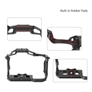 The SmallRig 4003 Black Mamba Cage for Canon EOS R7 is shown from a variety of angles, highlighted by its red-edged built-in rubber pads for protection and secure placement. "Built-In Rubber Pads" is shown in the top right corner.