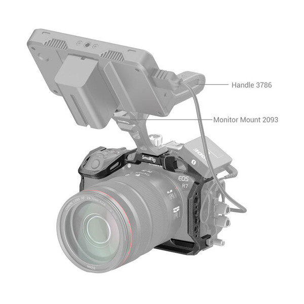 SmallRig 4003 Black Mamba Cage for Canon EOS R7, pictured with attached handle 3786 and monitor mount 2093, each accessory marked with lines pointing to the corresponding part.