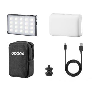 Godox C5R Mobile RGB LED -valaisinsarja sisältää LED-paneelin, valkoisen diffuusorin, mustan kantolaukun, kiinnitysruuvin ja USB-C-latauskaapelin, jotka kaikki näkyvät valkoisella pohjalla.