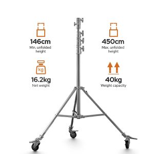 Godox Heavy-duty Steel Roller Stand SA5045 on esitetty pyörillä, vähimmäiskorkeus 146 cm, enimmäiskorkeus 450 cm, nettopaino 16,2 kg ja painokapasiteetti 40 kg.
