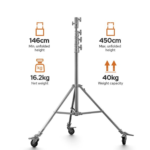 Godox Heavy-duty Steel Roller Stand SA5045 on esitetty pyörillä, vähimmäiskorkeus 146 cm, enimmäiskorkeus 450 cm, nettopaino 16,2 kg ja painokapasiteetti 40 kg.