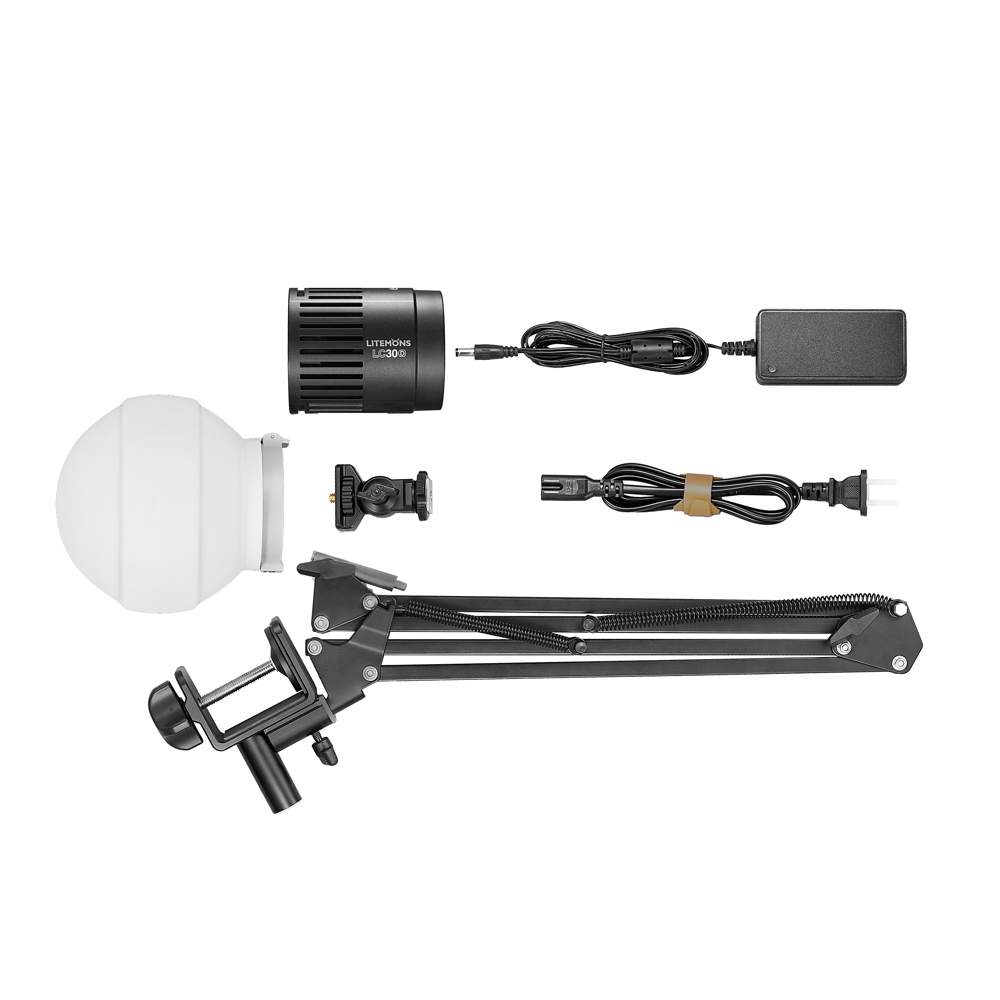 Godox Litemons LED LC30D Tabletop Video Light Single Light Kit with light head, white diffuser, power supply, power cord, bracket and adjustable metal arm neatly arranged on a white background.