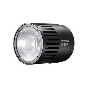 Mustan sylinterimäinen Godox Litemons LED LC30D -pöytävideovalaisin Single Light Kitistä, jossa on kuvioitu heijastin ja jäähdytysaukot sivussa, näkyy valkoista taustaa vasten.
