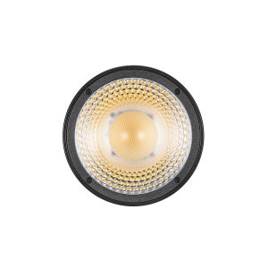 Godox Litemons LED LC30D Tabletop Video Light Single Light Kitin lähikuvassa näkyy sen pyöreä LED, jossa on hunajakennokuvioinen diffuusori, joka säteilee lämmintä keltaista hehkua valkoista taustaa vasten.