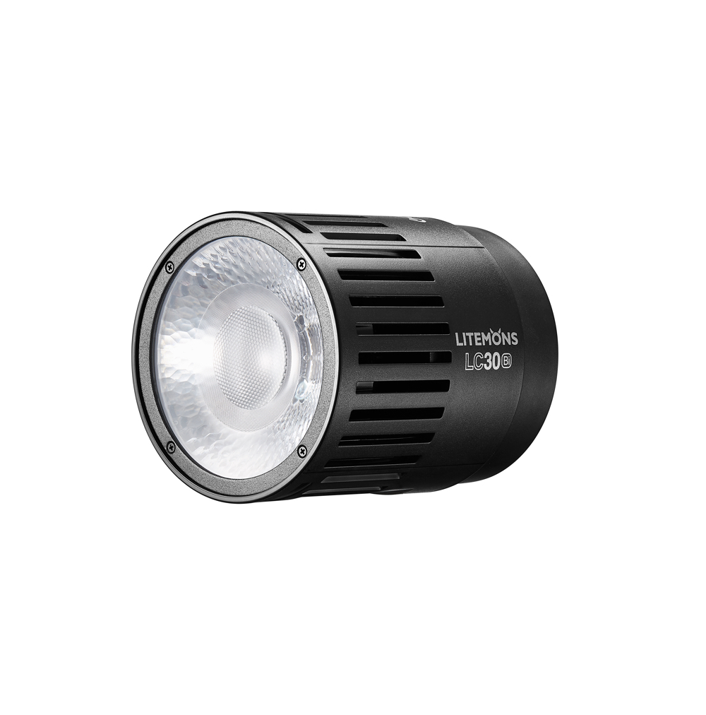 Musta, sylinterimäinen Godox Litemons LED LC30Bi -pöytävalaisin, jossa on kuvioitu heijastin ja sivussa tuuletusaukot, myydään yksittäisenä valosarjana.