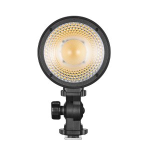 Godox Litemons LED LC30Bi Tabletop Bi-color Light Single Light Kit -valaisinsarjassa on hunajakennomallinen heijastin ja säädettävä kiinnike, kuvassa edestä valkoista taustaa vasten.
