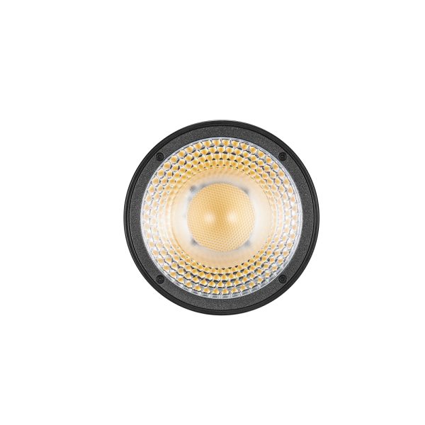 Lähikuva Godox Litemons LED LC30Bi Tabletop Bi-color Light Single Light Kit -valaisinsarjasta, jossa on pyöreä muotoilu mustalla reunalla, hunajakennokuvioinen heijastin ja kellertävä keskeinen valonlähde edestä kuvattuna.