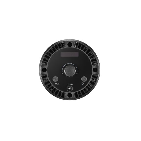 Godox Litemons LED LC30Bi -tuplavalosarjassa on pyöreä musta elektroninen ohjauspaneeli, jossa on keskimmäinen nuppi, sen yläpuolella pieni näyttö ja painikkeet/portit, joissa on merkinnät MOD, DC-14V ja muut symbolit.