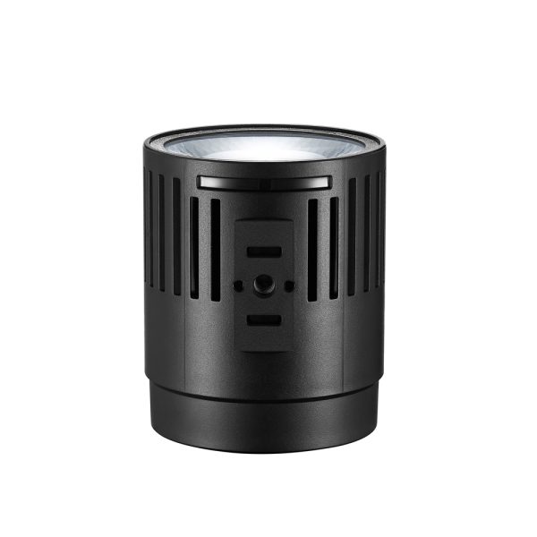 Godox Litemons LED LC30Bi Tabletop Bi-color Light Double Light Kit -valaisinsarjassa on musta sylinterimäinen muotoilu, jossa on pystysuuntaiset tuuletusaukot, ylhäällä oleva keskuslinssi ja etupuolella olevat painikkeet tai anturit, jotka näkyvät valkoista taustaa vasten.