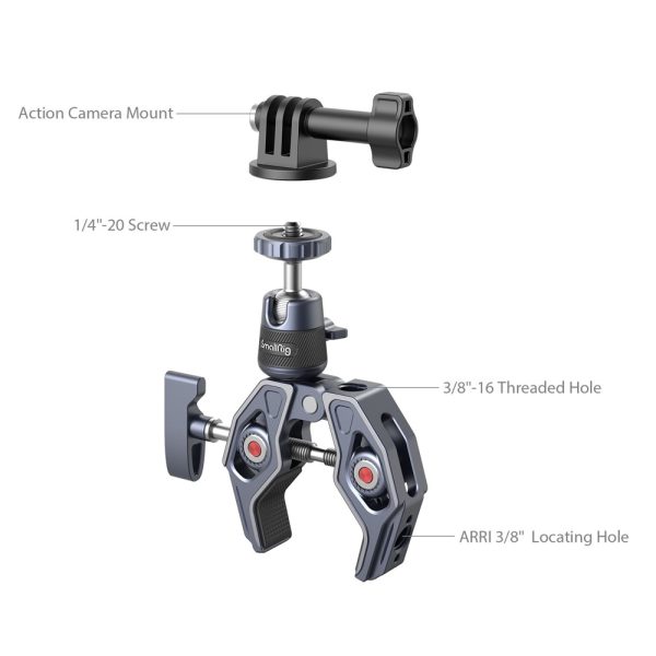 SmallRig 4102 Super Clamp with 360° Ball Head Mount for Action Cameras -kuulapääkiinnikkeellä varustetun SmallRig 4102 Super Clamp -kuulapääkiinnikkeen merkityssä kaaviossa näkyvät ominaisuudet, kuten toimintakamerakiinnike, 1/4"-20-ruuvi, 3/8"-16-kierteinen reikä ja ARRI 3/8" -paikannusreikä valkoisella pohjalla.