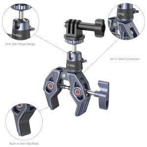 SmallRig 4102 Super Clamp with 360° Ball Head Mount for Action Cameras -kuulapääkiinnikkeessä on metallinen kiinnike, pyörivä sarana ja sisäänrakennetut liukastumisenestotyynyt, jotka näkyvät lähikuvissa, joissa korostuvat sen liukastumisenestosarano ja turvallinen ote.