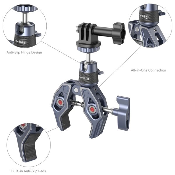 SmallRig 4102 Super Clamp with 360° Ball Head Mount for Action Cameras -kuulapääkiinnikkeessä on metallinen kiinnike, pyörivä sarana ja sisäänrakennetut liukastumisenestotyynyt, jotka näkyvät lähikuvissa, joissa korostuvat sen liukastumisenestosarano ja turvallinen ote.