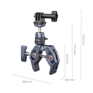 SmallRig 4102 Super Clamp on metallirakenteinen, siinä on säädettävät leuat, GoPro-tyylinen kiinnike ja 360° kuulapää. Mitat: Mitat: 144,2 mm korkea, 98,0 mm leveä, 18,0 mm syvä, yksi osa on 62,6 mm.