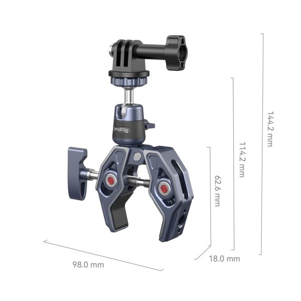 SmallRig 4102 Super Clamp on metallirakenteinen, siinä on säädettävät leuat, GoPro-tyylinen kiinnike ja 360° kuulapää. Mitat: Mitat: 144,2 mm korkea, 98,0 mm leveä, 18,0 mm syvä, yksi osa on 62,6 mm.