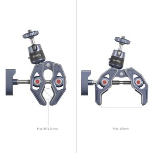 SmallRig 4102 Super Clamp with 360° Ball Head Mount for Action Cameras on esitetty kahdessa asennossa: vasemmalla suljettuna 14,0 mm:n minimiaukolla ja oikealla auki 65 mm:n maksimiaukolla, ja molemmissa on ylhäältä kiristysnuppi.
