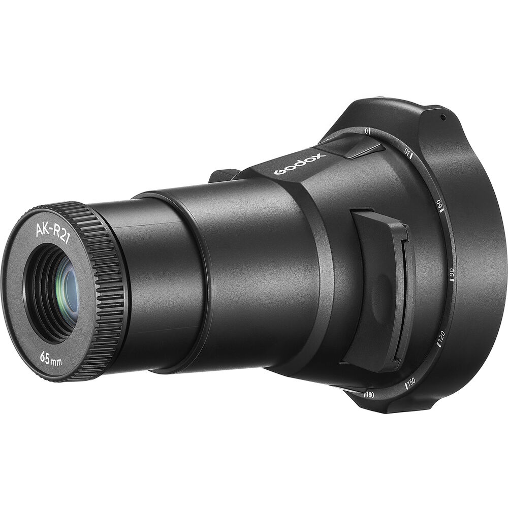 A black Godox AK-R21 flashlight attachment with a cylindrical lens and mounting ring is shown against a white background.