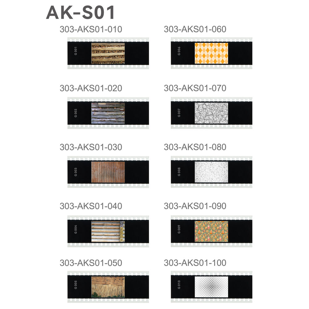 Kuva, jossa näkyy kymmenen Godox Slide Filter AK-S01 -näytettä (10 kpl), joilla kullakin on yksilöllinen koodi 303-AKS01-010 - 303-AKS01-100, jotka näkyvät AK-S01-otsikon alla ja joissa on erilaisia kuvioita.